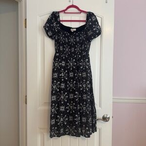 LOFT Black Floral Midi Dress